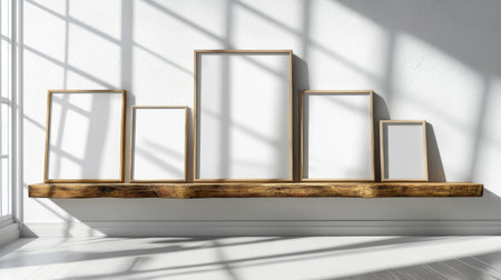 Minimalist home decor setup: blank picture frames, wooden shelf, bright white window backdropの素材