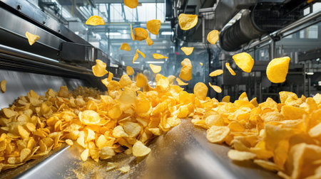 Robotic machinery sorting potato chips on a high-speed production line, bright and cleanの素材