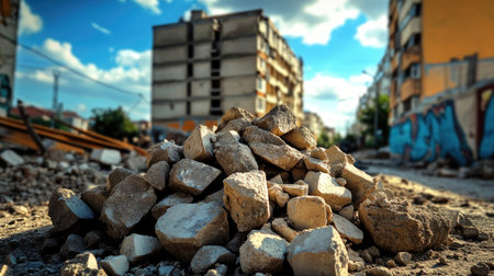 Pile of crushed concrete rubble in foreground with partially collapsed building behindの素材