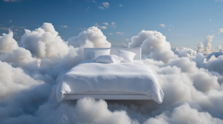 Minimalist white bed gently hovering among ethereal clouds, imaginative sleep concept photographyの素材