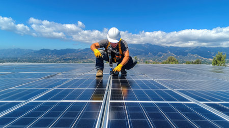 Solar energy expert performing quality inspection of large photovoltaic array atop commercial buildingの素材