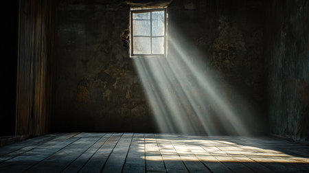 Moody atmosphere in an abandoned room with single light ray highlighting the floorの素材