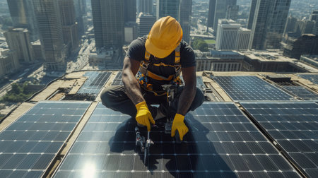 Quality control technician using digital tools to verify installation of rooftop solar panel systemの素材
