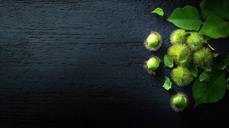 Sweet chestnuts and green husks illuminated by soft, dim light on a black rustic wooden surfaceの素材