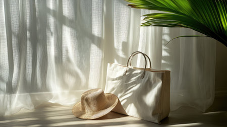 Travel bag and sunhat placed in chic hotel room, sunlight streaming through sheer curtains, holiday vibesの素材