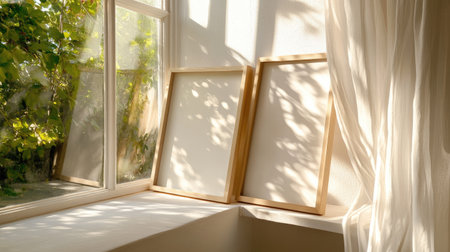 Two blank wooden frames resting on a white shelf against a sunlit window with soft curtainsの素材