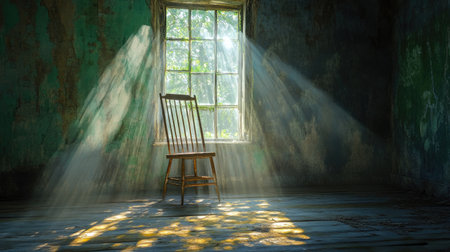 Vintage room bathed in soft sunlight pouring through broken window, hauntingly beautifulの素材