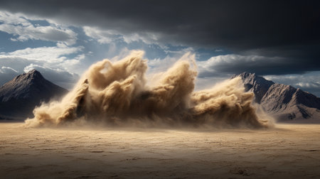 Swirling dust over barren desert peaks during a fierce windstorm, muted earth tones dominate the sceneの素材
