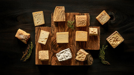 Various cheese blocks and wedges with copy space, styled on dark wood, rustic and minimal presentationの素材