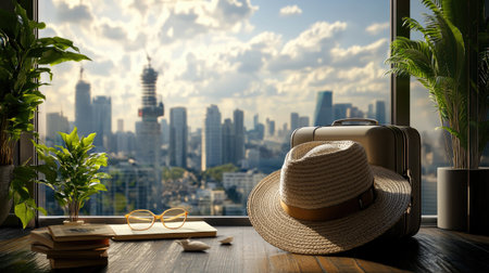 Travel-ready scene with luggage, hat and city view from hotel room window, concept of urban explorationの素材