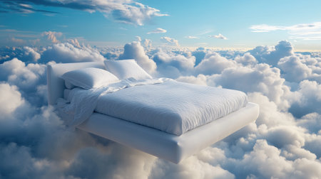 White bed floating gently above the clouds, evoking feelings of luxury sleep and deep relaxationの素材