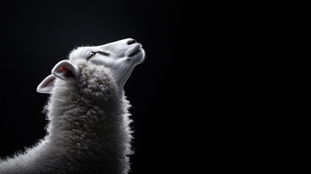 White sheep profile illuminated beautifully against black, focus on the texture and serenity of the animalの素材
