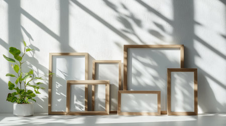 Wooden picture frames standing on a crisp white shelf, sunlight and soft shadows playingの素材