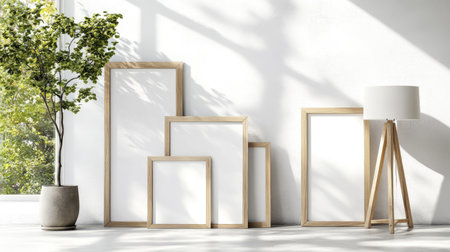 Wooden picture frames empty and leaning against a bright white window with modern lamp nearbyの素材