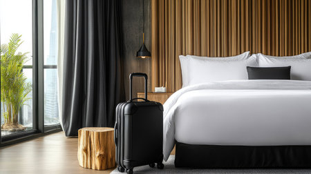 Trendy luggage next to king-sized bed in a modern boutique hotel room, stylish interior travel conceptの素材