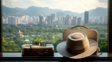 Travel-ready scene with luggage, hat and city view from hotel room window, concept of urban explorationの素材