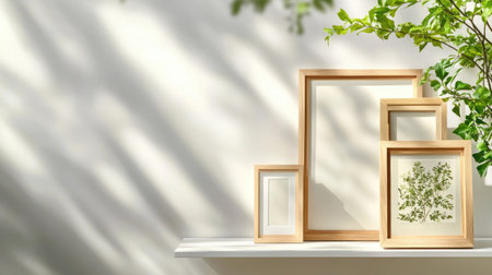 Wooden picture frames standing on a crisp white shelf, sunlight and soft shadows playingの素材