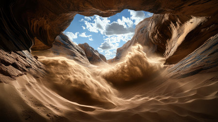 Winds tear across arid desert floor, lifting swirling sands in front of massive eroded mountain ridgesの素材
