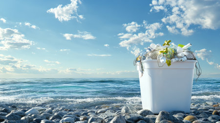Ocean conservation concept: a white bin filled with abandoned fishing gear on a rocky beachの素材