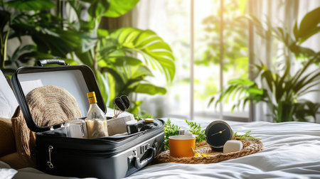 Open suitcase with casual travel essentials on bed in modern room, suggesting a spontaneous weekend tripの素材