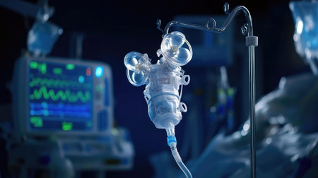 Oxygen mask hanging on side of medical ventilator, sterile hospital room environmentの素材