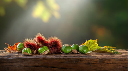 Sweet chestnuts gleaming under soft light, nestled with green shells on a rich brown rustic wood surfaceの素材