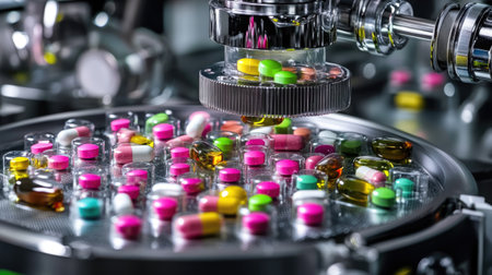 High-tech factory producing medicine tablets and vials with precision machineryの素材