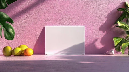 Frosted glass rectangular signage mockup on a pastel colored wall, realistic shadowsの素材