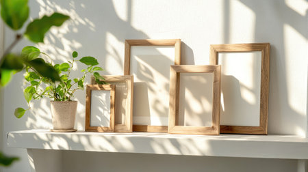 Wooden picture frames standing on a crisp white shelf, sunlight and soft shadows playingの素材