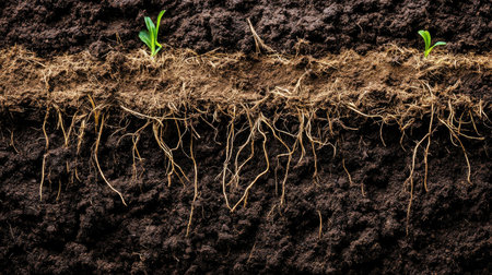 Organic lines of plowed autumn soil in sharp closeup, farming textures with warm seasonal atmosphereの素材