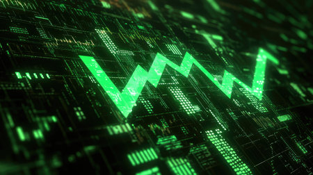 A digital financial graph showing a rising green arrow, with bar charts and stock market indicators in the background, symbolizing growth in the financial market.の素材