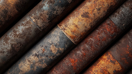 A close-up of rusty industrial pipes, showing detailed texture and wear, set in an old factory environment, representing decay and the passage of time.の素材
