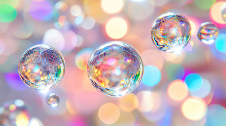 A close-up of water droplets on a glass surface, with soft, colorful bokeh lights glowing in the background, offering a peaceful, abstract visual experience.の素材