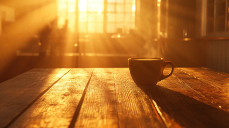 A hot cup of coffee resting on a wooden table, bathed in golden sunlight from a sunrise, evoking a peaceful, cozy vibe perfect for a calming moment.の素材