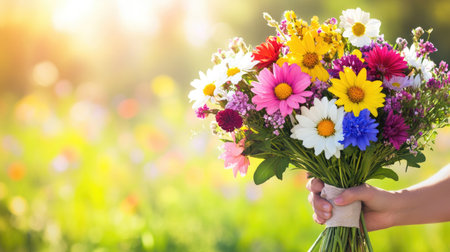 A joyful person holding a colorful bouquet of wildflowers in a sunlit meadow, showcasing the natural beauty of flowers and the peaceful atmosphere.の素材