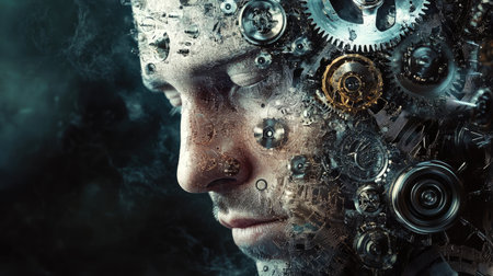 A creative image of a man face overlaid with intricate mechanical parts, symbolizing the connection between human thought and technological innovation.の素材