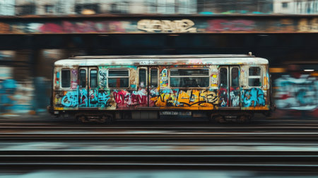 A dynamic shot of a graffiti-covered train moving through an industrial part of the city, showcasing creativity and urban culture in motion.の素材