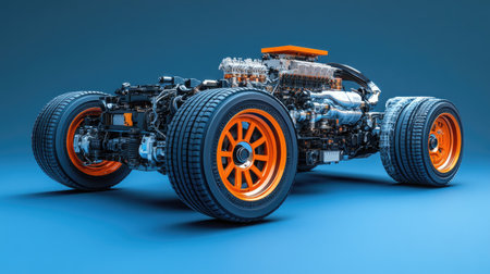 A detailed high-performance engine model with orange tires and intricate features, isolated on a blue background, emphasizing modern engineering and design.の素材