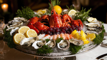 A fresh seafood platter with lobster, oysters, and lemon slices on ice, beautifully arranged for culinary photography, showcasing vibrant colors and textures.の素材