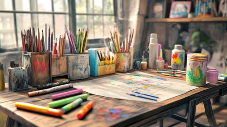 A crafting table filled with colorful art supplies, including markers, pencils, and paint, with creative sketches in progress, perfect for artistic themes.の素材