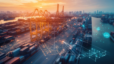 A conceptual image illustrating blockchain technology enhancing supply chain transparency, emphasizing data security and building trust in the process. f-95d9-37daa7db00b0の素材