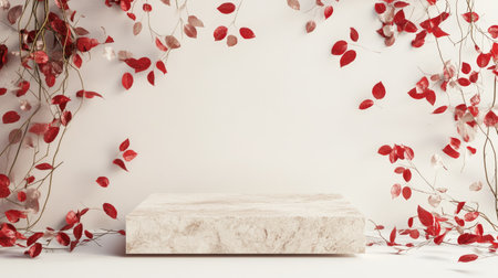 A minimalist stone podium surrounded by delicate red rose leaves, creating a romantic and refined atmosphere, perfect for luxury product displays.の素材