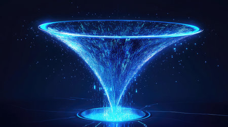 A futuristic digital funnel with data streams flowing in, illustrating the journey of raw data becoming valuable insights in a tech-driven world.の素材