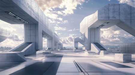 A serene futuristic urban landscape featuring concrete monuments under bright skies, emphasizing depth and artistic lighting for a tranquil atmosphere.の素材