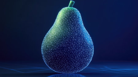 A low-polygon, wireframe rendering of an avocado in graphite, set against a digital blue background, embodying advanced, futuristic design.の素材