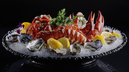A fresh seafood platter with lobster, oysters, and lemon slices on ice, beautifully arranged for culinary photography, showcasing vibrant colors and textures.の素材