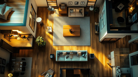 A detailed 3D illustration of a house floor plan, viewed from above, showcasing an intricate room layout, ideal for architecture and design themes.の素材