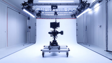 A high-end professional camera setup in a brightly lit photography studio, with a clean white background, perfect for capturing crisp images for video production or photoshootsの素材