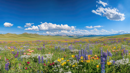 A wide panoramic shot of a wildflower meadow bursting with color under a bright blue sky, showcasing the natural beauty and diversity of blooming flowers.の素材