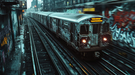 A dynamic shot of a graffiti-covered train moving through an industrial part of the city, showcasing creativity and urban culture in motion.の素材
